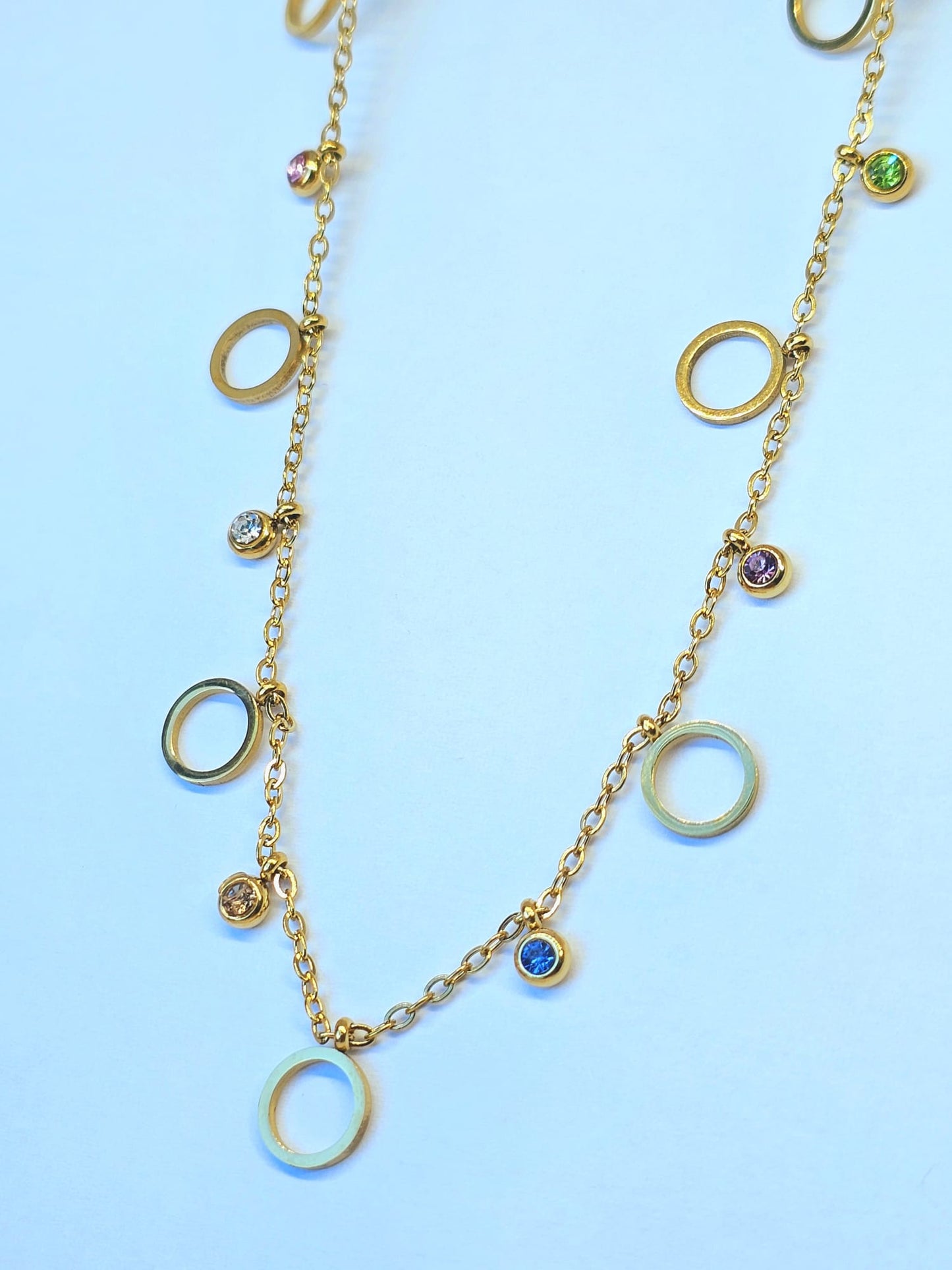 Gold Charm Necklace with Multi-Colored Gemstones