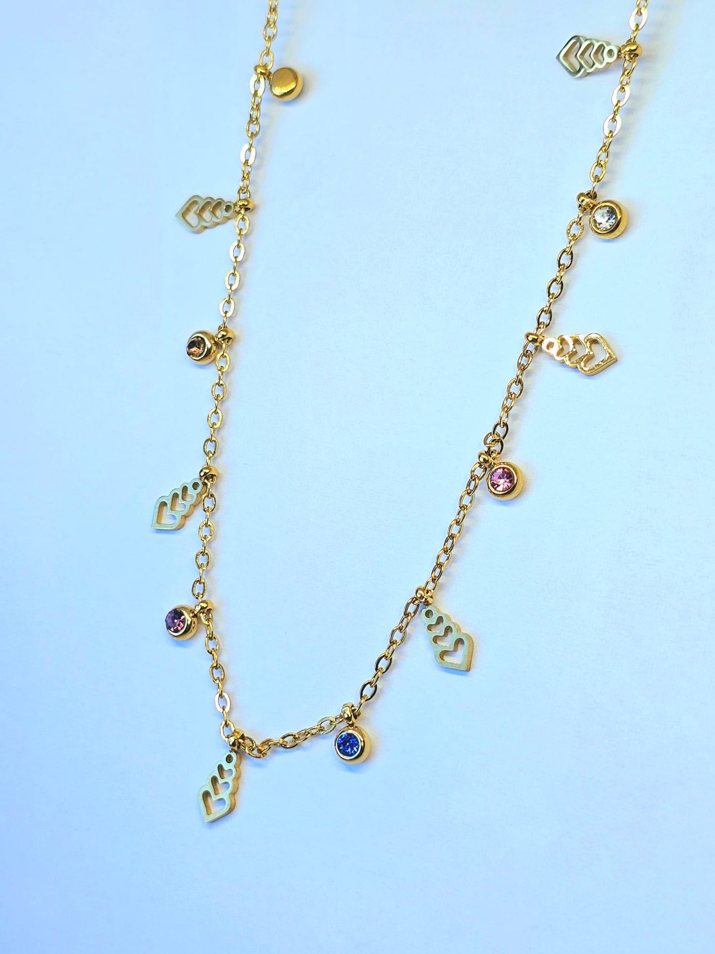 Gold Charm Necklace with Multi-Colored Gemstones