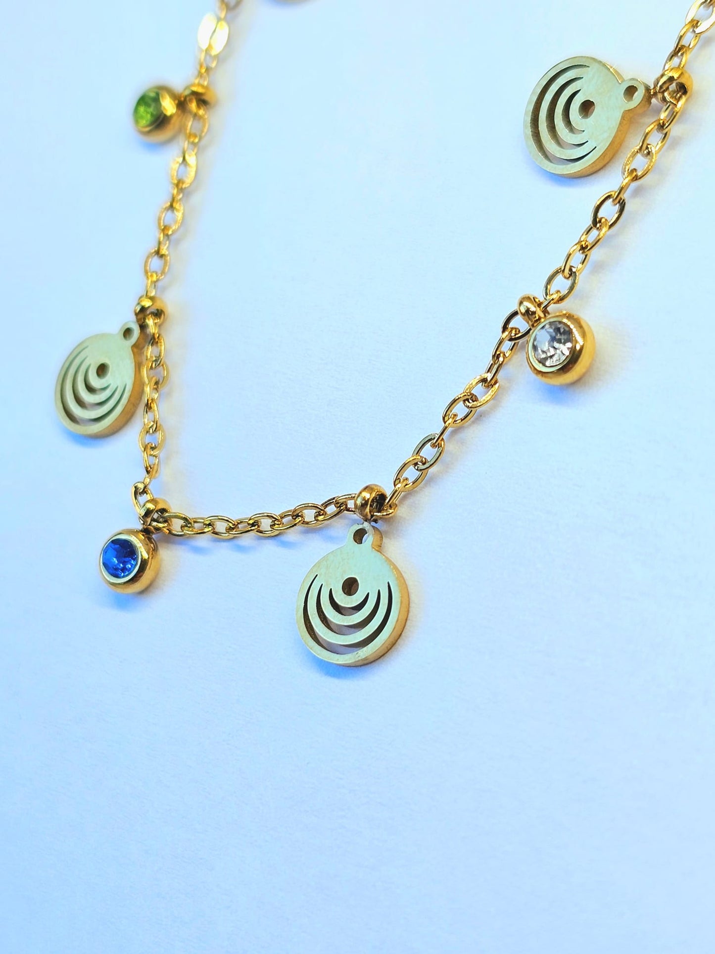 Gold Charm Necklace with Multi-Colored Gemstones