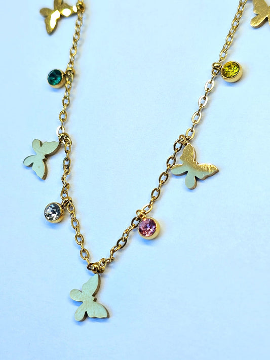 Gold Charm Necklace with Multi-Colored Gemstones