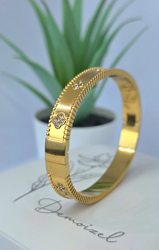 Gold Textured Bracelet with Crystal-Inset Clover Motifs