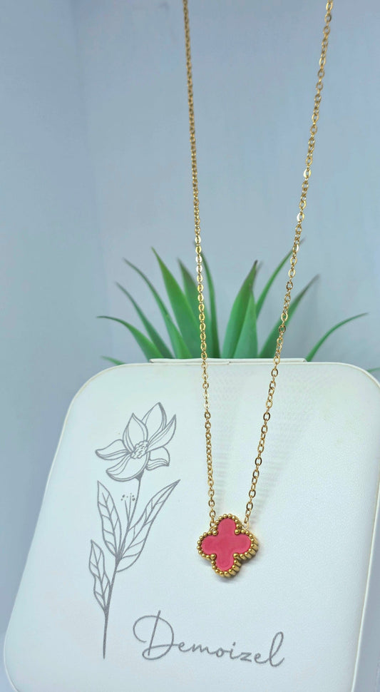 Gold Clover Necklace with Red Accent