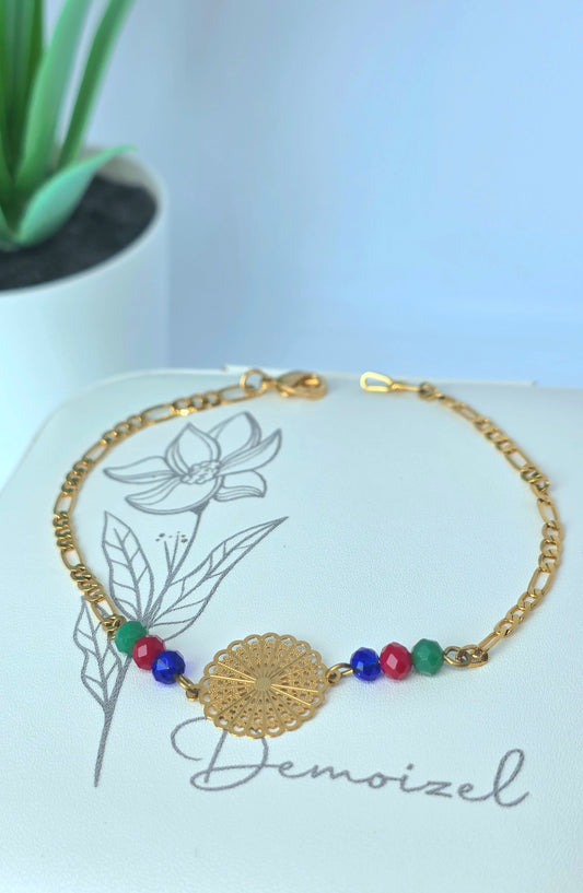 Gold Bracelet with Colorful Beads and Floral Medallion