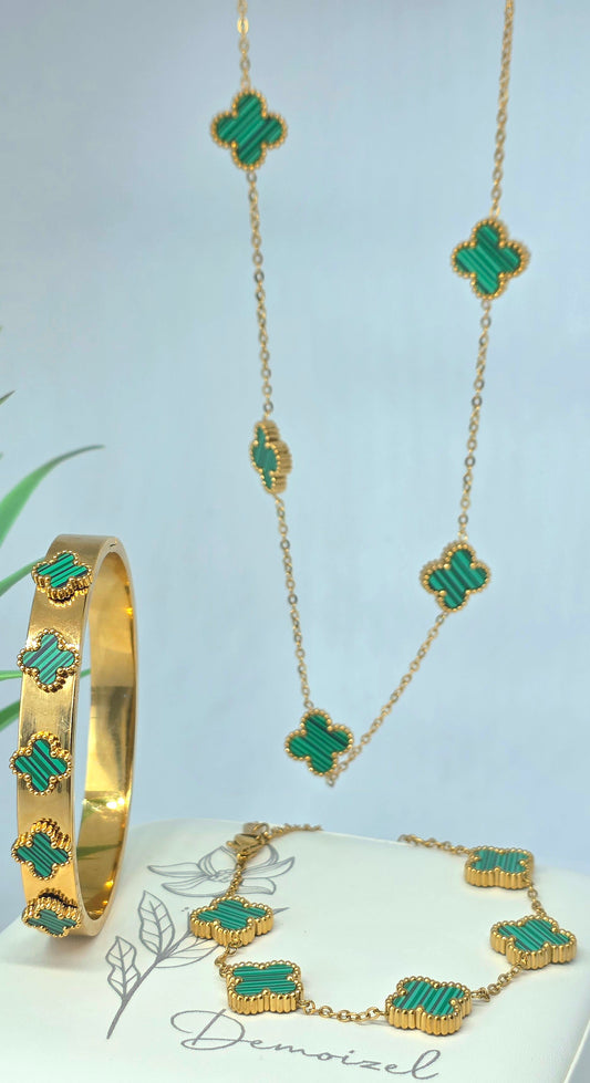 Ensemble de Bijoux Trèfles Verts - Bracelet, Bracelet Chaîne & Collier